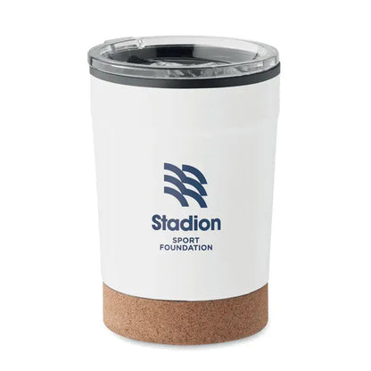 Pahar cu perete dublu alb cu capac transparent margine neagra si baza pluta cu logo stadion sport foundation