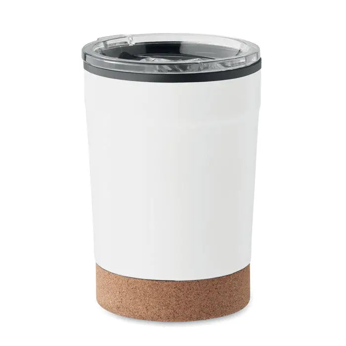 Pahar cu perete dublu alb cu izolație, capac transparent și bază din plută de 300ml