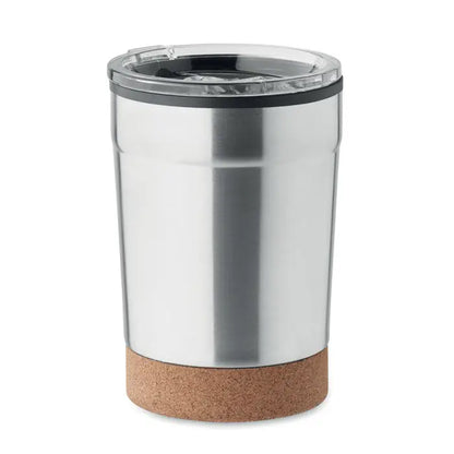 Pahar cu perete dublu 300ml din oțel inoxidabil argintiu cu capac transparent și bază din plută izolat termic