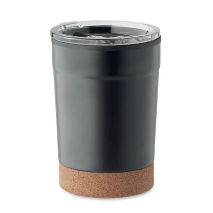 Pahar cu perete dublu 300ml negru izolat cu capac transparent si baza din pluta