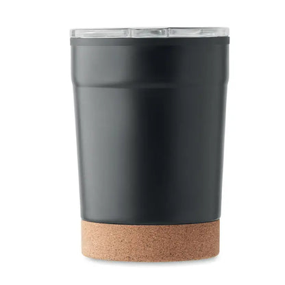 Pahar cu perete dublu 300ml negru cu capac transparent si baza de pluta din inox izolant
