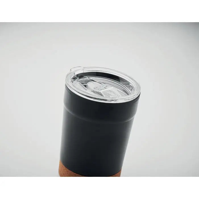 Pahar cu perete dublu 300ml negru, izolat, cu capac transparent si baza de plută