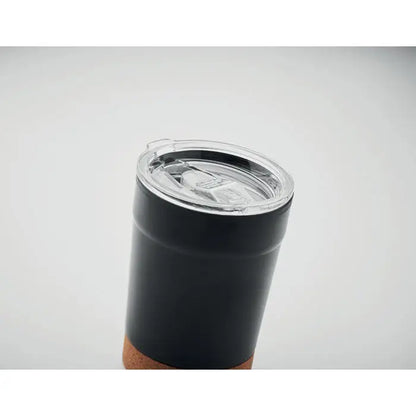 Pahar cu perete dublu 300ml negru, izolat, cu capac transparent si baza de plută