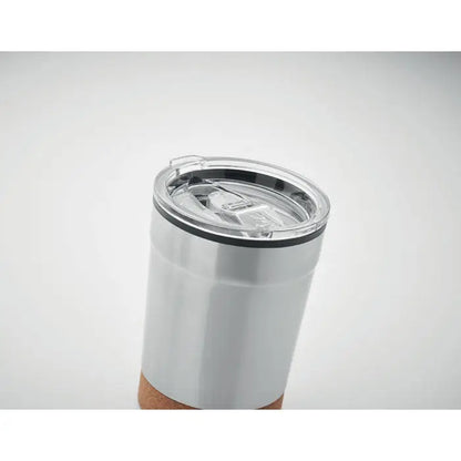 Pahar cu perete dublu 300ml din inox argintiu cu capac din plastic transparent si baza din plută izolantă