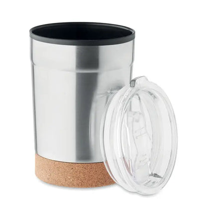 Pahar cu perete dublu 300ml din otel inoxidabil cu capac transparent din plastic si baza din pluta