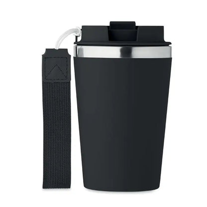 Pahar cu perete dublu 350 ml negru cu capac negru si margine argintie si curea atasata