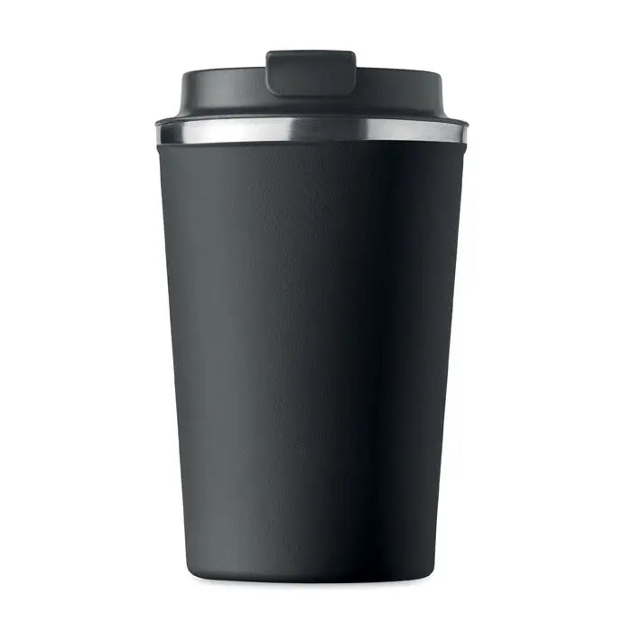 Pahar cu perete dublu 350 ml in calatorie negru izolat cu finisaj mat si accent argintiu la margine