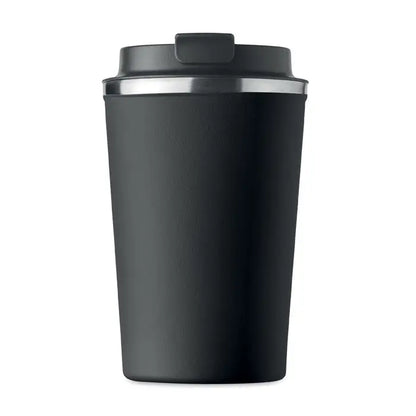 Pahar cu perete dublu 350 ml in calatorie negru izolat cu finisaj mat si accent argintiu la margine