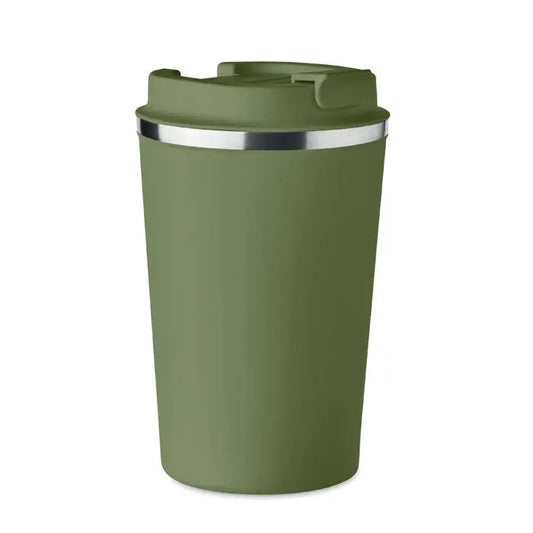 Pahar cu perete dublu 350 ml verde măsliniu izolat cu margine argintie și capac flip-top pentru călătorii