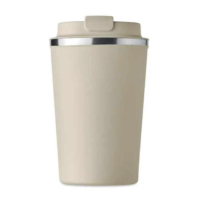 Pahar cu perete dublu 350 ml bej izolat cu margine si capac argintiu pentru calatorii