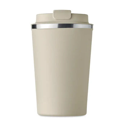 Pahar cu perete dublu 350 ml bej izolat cu margine si capac argintiu pentru calatorii