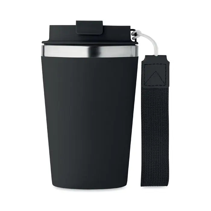 Pahar cu perete dublu 350 ml din inox negru cu rim argintiu și capac negru prevăzut cu curea de fabrică atașată