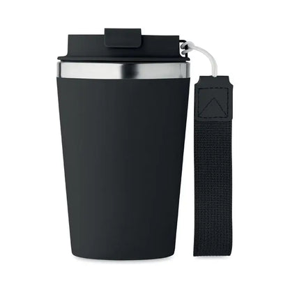 Pahar cu perete dublu 350 ml din inox negru cu rim argintiu și capac negru prevăzut cu curea de fabrică atașată