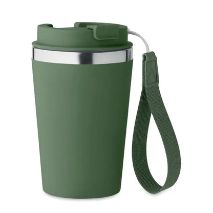 Pahar cu perete dublu 350 ml olive green izolat cu margine din oțel inoxidabil și curea de material textil