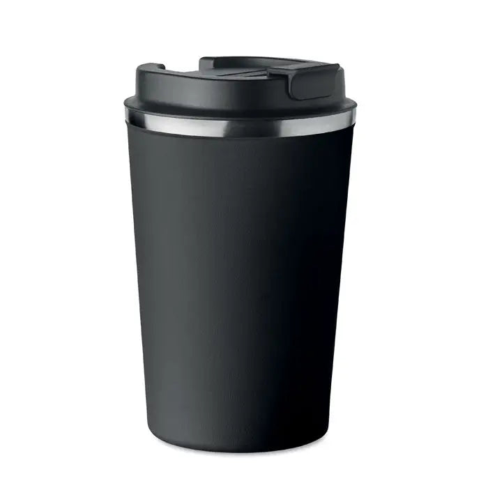 Pahar cu perete dublu 350 ml negru izolant cu finisaj mat si margine argintie la capac
