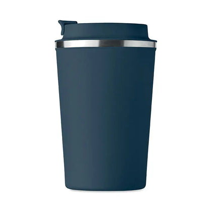 Nava albastru închis pahar cu perete dublu 350 ml izolat cu capac flip-top și margine argintie