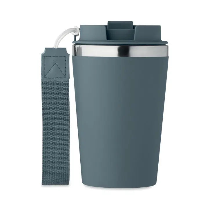 Pahar cu perete dublu 350 ml gri izolat cu margine si capac din otel inoxidabil si curea din material textil