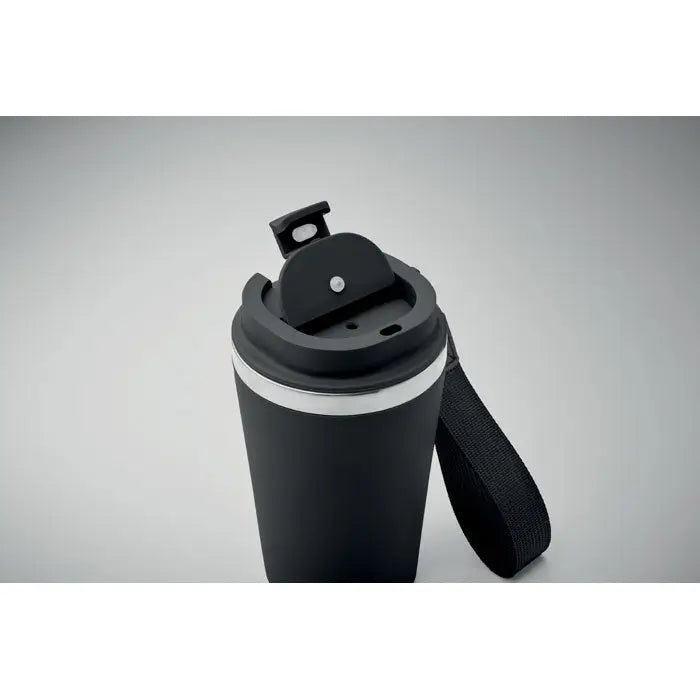 Pahar cu perete dublu 350 ml negru izolat cu rimă argintie, capac flip-top și curea din material textil