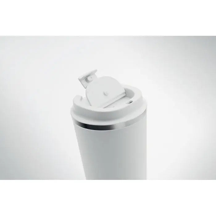 Pahar cu perete dublu 350 ml alb cilindric cu margine argintie si capac articulat cu mecanism flip-top