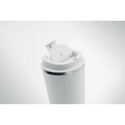 Pahar cu perete dublu 350 ml alb cilindric cu margine argintie si capac articulat cu mecanism flip-top