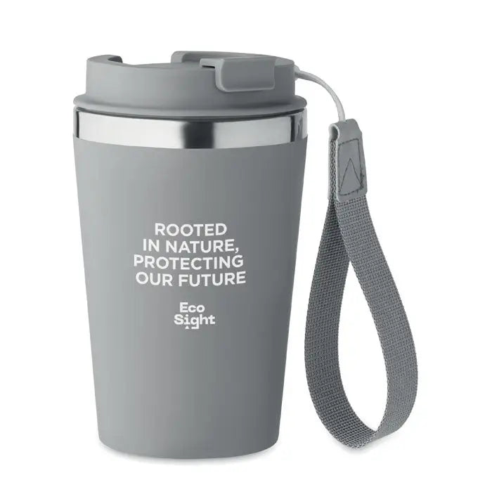 Pahar cu perete dublu 350 ml gri, termoizolant, cu capac si curea, mesaj rooted in nature, protecting our future