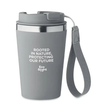 Pahar cu perete dublu 350 ml gri, termoizolant, cu capac si curea, mesaj rooted in nature, protecting our future