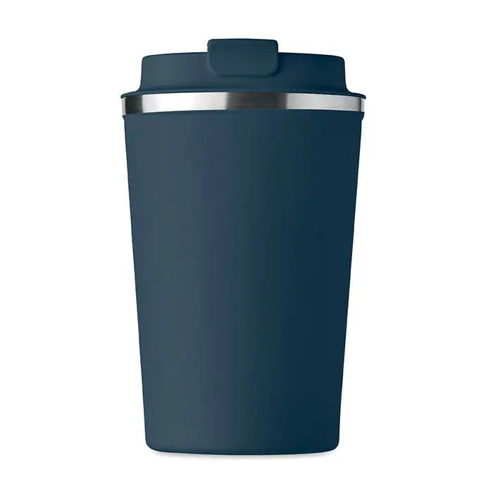 Pahar cu perete dublu 350 ml in albastru inchis cu capac si margine argintie, termos de calatorie izolat
