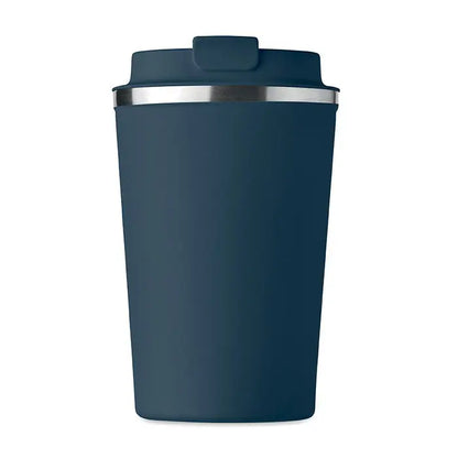 Pahar cu perete dublu 350 ml in albastru inchis cu capac si margine argintie, termos de calatorie izolat