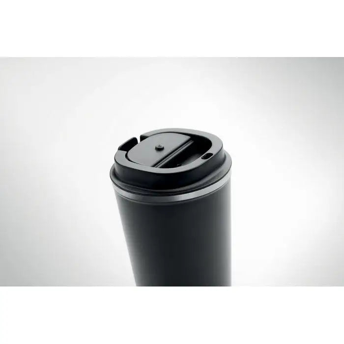 Pahar cu perete dublu 350 ml negru din material izolant cu capac negru si deschidere integrata pentru baut