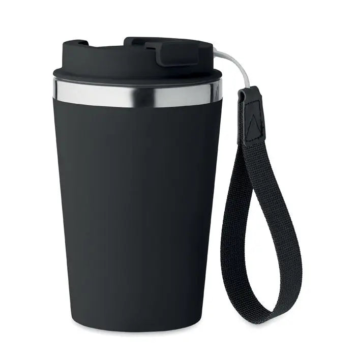 Pahar cu perete dublu 350 ml negru izolat cu margine metalica argintie capac flip-top si breloc din tesatura neagra