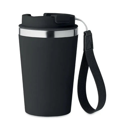Pahar cu perete dublu 350 ml negru izolat cu margine metalica argintie capac flip-top si breloc din tesatura neagra