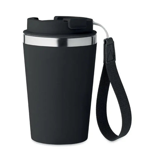 Pahar cu perete dublu 350 ml negru izolat cu margine metalica argintie capac flip-top si breloc din tesatura neagra