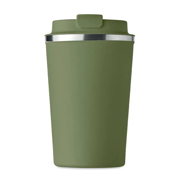 Pahar cu perete dublu 350 ml verde măsliniu izolat cu margine și capac argintiu elegant pentru călătorii