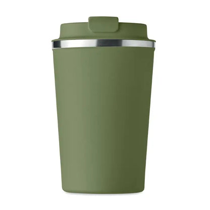 Pahar cu perete dublu 350 ml verde măsliniu izolat cu margine și capac argintiu elegant pentru călătorii