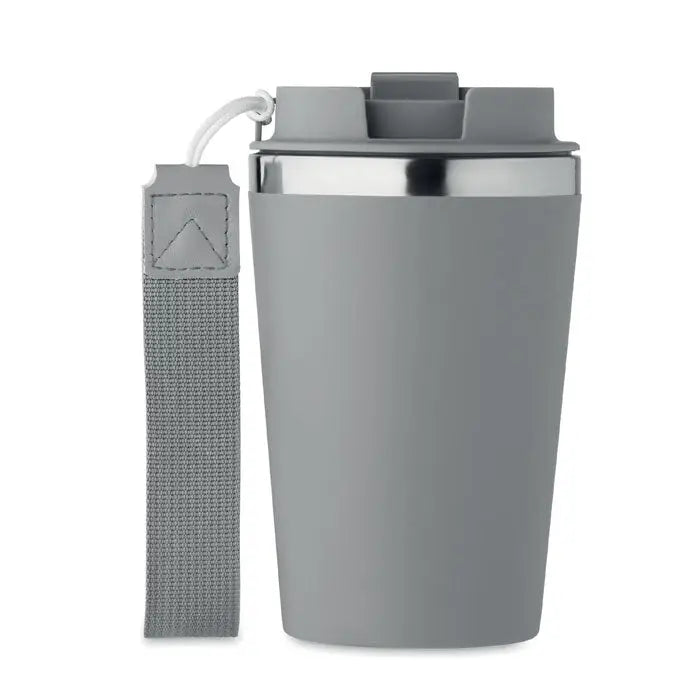 Pahar cu perete dublu 350 ml gri izolat cu capac din inox si curea gri pentru calatorii