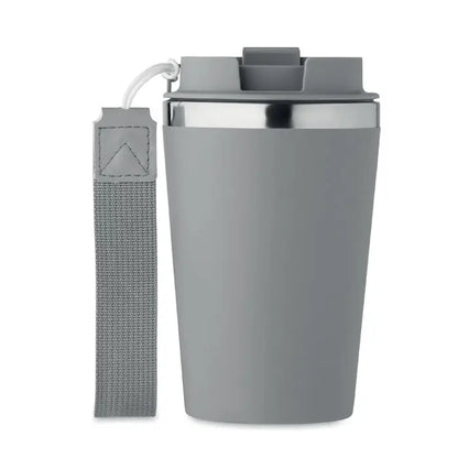 Pahar cu perete dublu 350 ml gri izolat cu capac din inox si curea gri pentru calatorii