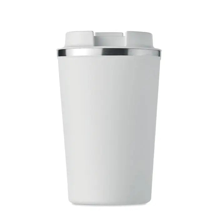 Pahar cu perete dublu 350 ml alb mat cu margine si capac argintiu pentru calatorii