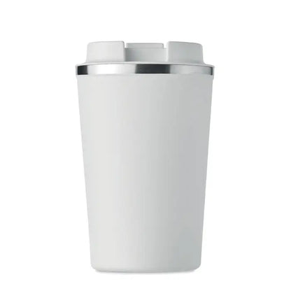Pahar cu perete dublu 350 ml alb mat cu margine si capac argintiu pentru calatorii