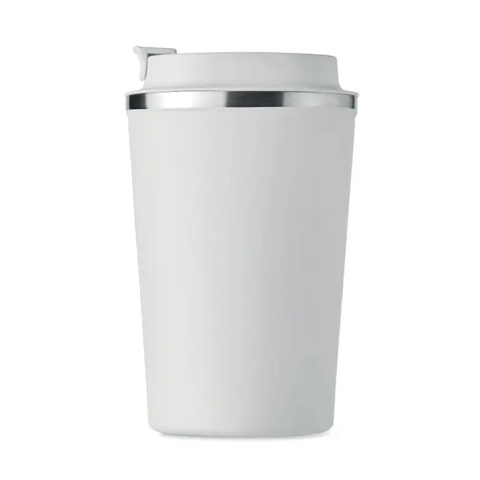 Pahar cu perete dublu 350 ml alb cu rimă argintie elegantă și capac flip-top izolat pentru călătorii