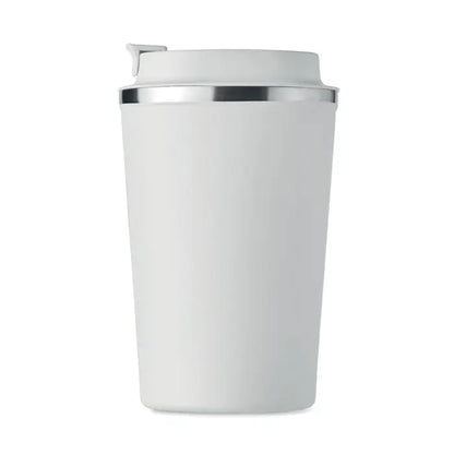 Pahar cu perete dublu 350 ml alb cu rimă argintie elegantă și capac flip-top izolat pentru călătorii