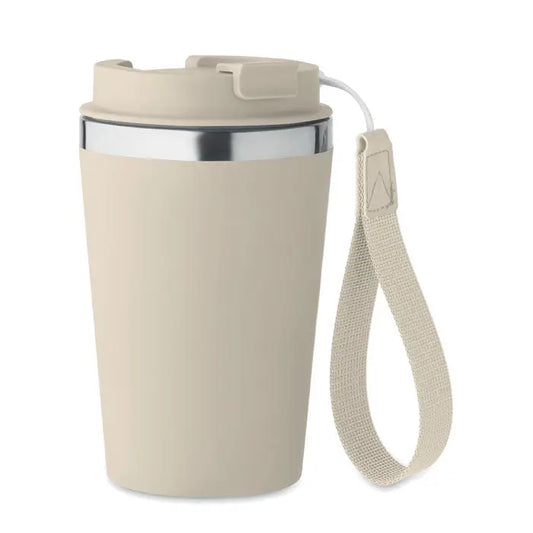 Beige pahar cu perete dublu de 350 ml izolat, cu margine argintie, capac din plastic si curea textila pentru mana