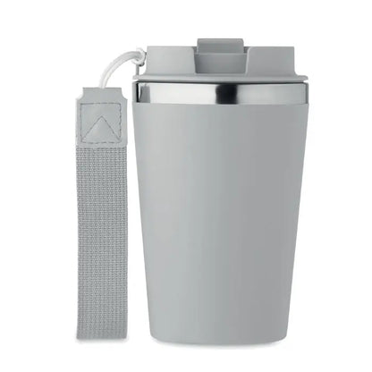 Pahar cu perete dublu 350 ml gri izolat cu margine si capac din inox si curea textila pentru portabilitate