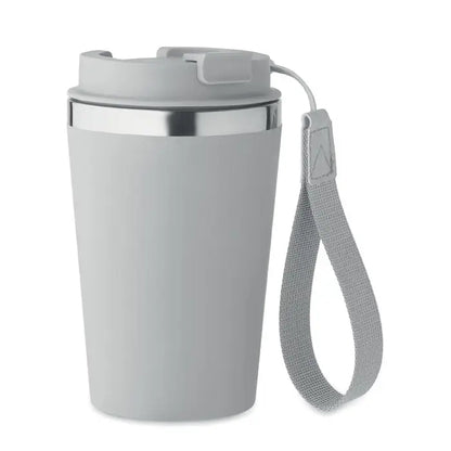 Pahar cu perete dublu 350 ml gri izolat cu capac si manson textil pentru prindere la mana