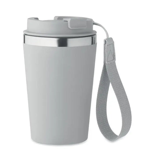 Pahar cu perete dublu 350 ml gri izolat cu capac si manson textil pentru prindere la mana