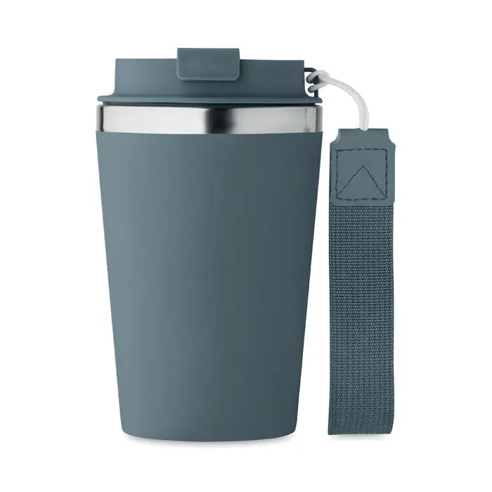 Pahar cu perete dublu 350 ml din silicon gri cu margine si capac din otel inoxidabil si curea din material textil