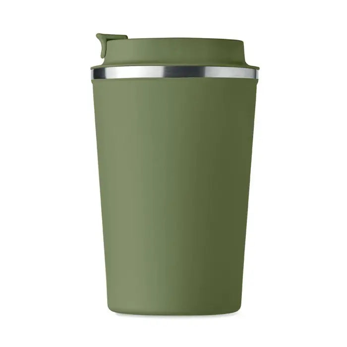 Pahar cu perete dublu de 350 ml culoare verde măsliniu cu capac flip-top și margine argintie, izolat termic
