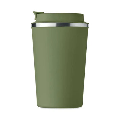 Pahar cu perete dublu de 350 ml culoare verde măsliniu cu capac flip-top și margine argintie, izolat termic