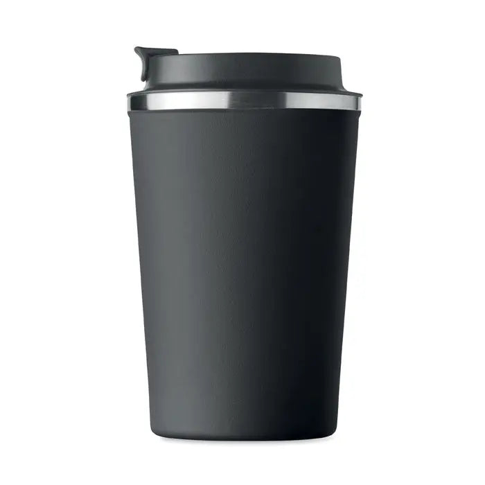 Pahar cu perete dublu 350 ml negru, termos de voiaj izolat cu finisaj mat si accent argintiu la margine
