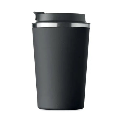 Pahar cu perete dublu 350 ml negru, termos de voiaj izolat cu finisaj mat si accent argintiu la margine