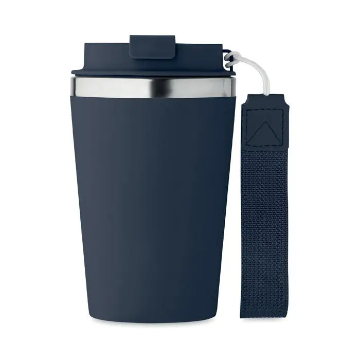 Pahar cu perete dublu 350 ml albastru marin cu rimă din oțel inoxidabil și curea textilă pentru călătorii